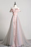 Pink Tulle Long A-Line Prom Dress with Train, Off the Shoulder Formal Evening Dress