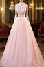 Pink Tulle Long Formal Dresses With Floral Lace, Pink Halter Tulle Sweet 16 Dresses