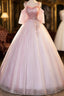 Pink Tulle Off Shoulder Sweetheart Long Formal Dresses, Pink Beaded Sweet 16 Dresses