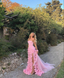Charming Pink Strapless High Slit Flower Formal Prom Dresses