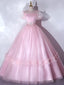 Pink Tulle Puff Sleeve Appliques Quinceanera Dress