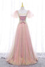 Pink Tulle Sequins Long Prom Dress, Cute Short Sleeve Evening Dress