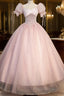 Pink Tulle Sequins Long Formal Prom Dresses, Lovely A-Line Short Sleeve Formal Party Dresses