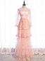 Pink Tulle Sequins Long Sleeve Tiers Prom Dress