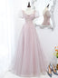 Pink Tulle Sequins Square Puff Sleeve Prom Dress