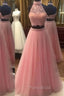 Pink Two Pieces Lace Tulle Long Formal Prom Dresses, Pink Evening Dresses