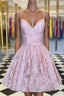 Pink v neck lace short Formal Prom dress, pink lace homecoming dress