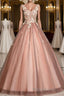 Pink v neck tulle lace long Formal Prom dress pink tulle formal dress