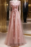 Pink V-Neckline Tulle Beaded With Lace Applique Formal Prom Dresses, Pink Party Dresses