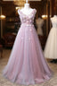 Pink V-Neckline Tulle With Flowers Beaded Long Party Dresses, Junior Formal Prom Dresses