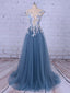 Popular Handmade Flowers V-neck Blue A-line Formal Prom Gown Dresses
