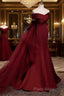 Pretty A Line Off The Shoulder Burgundy Satin Long Formal Party Dresses Formal Prom Dresses With Bow