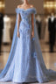 Pretty A Line Off The Shoulder Floor-Length Blue Sequin Short Sleeves Evening Dresses Formal Prom Dresses