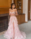 Pretty A-Line Off The Shoulder Pink Lace Slit Long Formal Prom Dresses Formal Evening Dresses