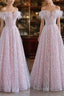 Pretty A Line Off The Shoulder Pink Sequin Long Formal Party Dresses Formal Prom Dresses