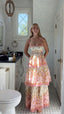 Pretty A Line Spaghetti Straps Pink Floral Ruffles Backless Long Formal Prom Dresses Formal Evening Dresses