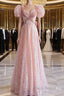 Pretty A Line Sweetheart Short Sleeves Long Evening Party Dresses Pink Formal Prom Dresses