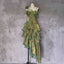 Pretty Irregular Ruffled Spaghetti Straps Green Formal Prom Dresses With Detachable Rose Long Birthday Dresses For Women