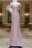 Pretty Mermaid Off The Shoulder Pink Sequin Long Formal Dresses Formal Prom Dresses