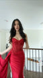 Pretty Mermaid Spaghetti Straps Slit Red Satin Formal Prom Dresses Long Party Dresses
