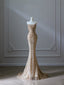 Pretty Mermaid Strapless Gold Sequin Beads Long Formal Prom Dresses Formal Evening Dresses