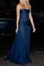 Pretty Mermaid Strapless Navy Blue Formal Prom Dresses With Ruffle Long Formal Evening Party Dresses