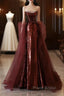 Pretty Mermaid Strapless Sequin Long Burgundy Ruffles Long Formal Prom Dresses Formal Evening Dresses
