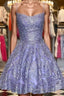 Princess Beaded Purple Lace Formal Prom Dress, Short Purple Lace Homecoming Dress, Purple Formal Evening Dress