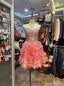 Princess Coral Pink Heart-Shaped Neckline Rhinestone-Embellished Short Formal Prom Dresses