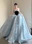 Princess Light Blue Sweetheart Neck 3D Butterfly Embellished Tulle Satin Long Formal Prom Dresses