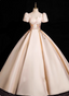 Princess Light Champagne Short-Sleeve Floral Embroidered Ball Gown Prom Dresses