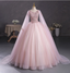 Princess Light Pink Crew Neck Cape Embroidered Tulle Ball Gown Prom Dresses Sweet 16 Dresses