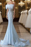 Princess Mermaid Strapless Neckline Long Sequin Light Sky Blue Long Wedding Dresses Brides Dresses