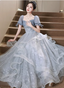 Princess Slate Blue A-Line Puff Sleeve Embroidered Tulle Long Formal Prom Dresses