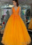 Princess V Neck Long/Floor-Length Tulle Prom Dresses With Appliqued