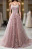 Pink Lace Applique A Line Elegant Spaghetti Straps Formal Prom Dresses