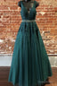 Deep Green Prom Dresses, Tulle Lace V Neck Long Prom Dress Formal Dress