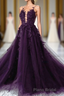 Dark Purple Tulle With Lace Applique Long Wedding Party Dresses, Purple Prom Dresses