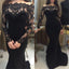 Long Black Mermaid Sexy Lace Top Party Long Sleeves Prom Dress , Cheap Evening Dress