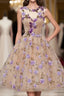 A Line Jewel Tea Length Open Back Champagne Tulle With Appliques Flowers Short Homecoming Dresses