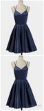Spark Queen Simple Short Blue Sleeveless V Neck Mini Evening Dress, Women Dress, Satin Ruffles Spaghetti Straps Homecoming Dress
