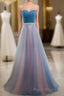Sweetheart Blue Peach Tulle Strapless Long Pleated Sexy A Line With Beads Sashes Formal Prom Dresses