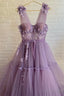 Purple Lace Long Prom Dress, A-Line Purple Evening Graduation Dress