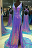 Purple Multi Sequins V-Neck Cross Back Long Formal Dresses