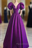 Purple Satin A-Line Short Sleeves Long Formal Dresses, Purple Evening Dresses Formal Prom Dresses