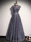 Purple Sequins High Neck Cap Sleeve Pearls Prom Dress