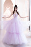 Purple Tulle Long A-Line Formal Dress, A-Line Strapless Evening Party Dress