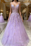 Purple v neck tulle lace long Formal Prom dress purple lace formal dress