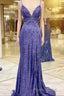 Mermaid Purples Sequins Long Formal Prom Dresses with Slit