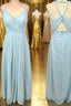 Halter Light Blue Chiffon A-line Long Bridesmaid Dresses